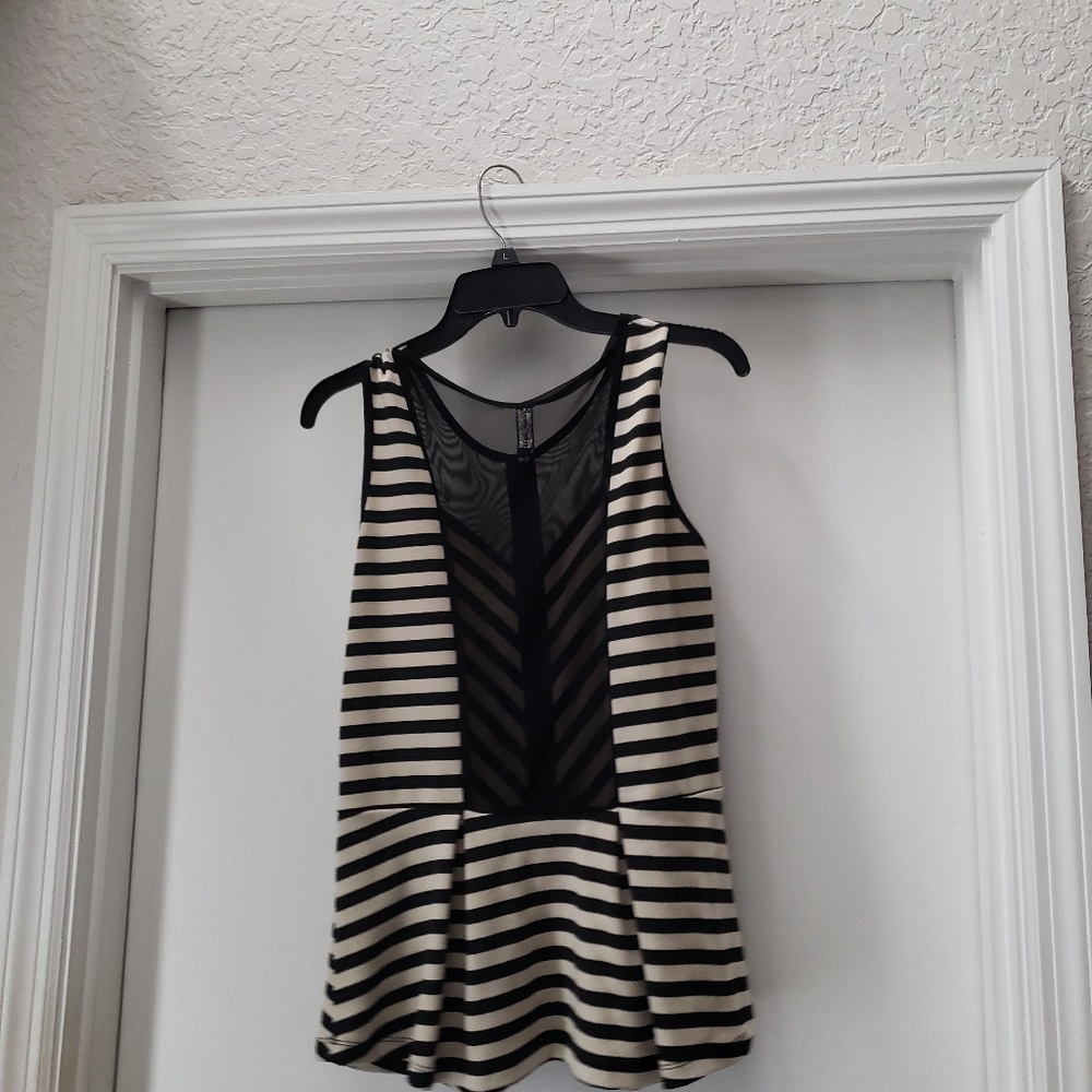 Womens Black/white Striped Sexy Peplum Top w/Mesh - Picture 4 of 8